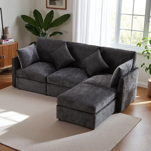 Vepssder Canapé rembourrés Moderne,canapé d'angle en L avec Repose-Pieds et Coussins,canapé 3 Places (B-Gris + Chenille)