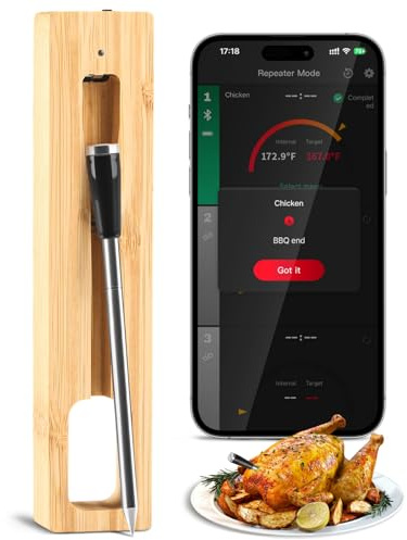 LNN Smart Wireless Meat Thermometer with Probe, Long Range Digital BBQ Thermometer for Grill, Oven, Smoker, Waterproof Bluetooth Real-Time Temperature Monitor for Steak, Chicken, Turkey