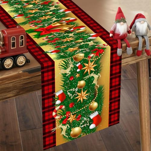 Weihnachten Tischläufer Rot Schwarz Kariert Beere Girlande Tischwäsche Rot Gold Glocke Weihnachtliche Tischdecke Winter Festliche Tisch Weihnachts Party Deko Polyester Küche Tisch Dekoration 35x180cm