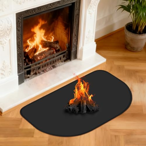 NUTKIT Feuerfeste Unterlage, 80 x 50 cm Funkenschutzplatte Für Kaminofen | Feuerfeste Kaminmatte, Kaminbodenplatte Halbrund, Feuerfeste-Bodenschutzmatte für Kaminöfen Feuerstellen Ofenblech(Schwarz)