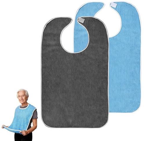 Dupoem Lot de 2 Bavoirs Adulte Seniors - Polyester-Coton Doux, 75x45 cm, Fermeture Velcro Pratique, Imperméable et Lavable - Réutilisables pour Personnes Âgées, Handicapées ou Patients Dépendants