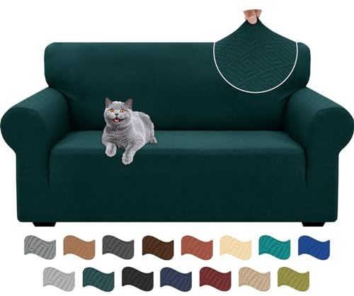Ystyle Universal Stretch Sofa Überzug 2 Sitzer Jacquard, Dunkelgrün | Sofabezug Rutschfest mit Armlehne, Elastische Couch Überzug, Sofa Cover Moderne, Sofaschoner Hund Katze für Wohnzimmer