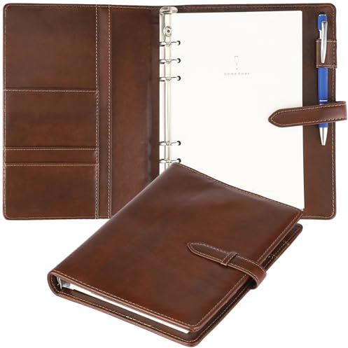 Nachfüllbares A5 Leder Notizbuch,Wiederverwendbares Tagebuch mit Kartenfächern und Stifthalter,Ringbuch Notizbuch mit 6 Loch Metallringen, PU Leder Journal mit Verschlussriemen für Geschäft, Büro