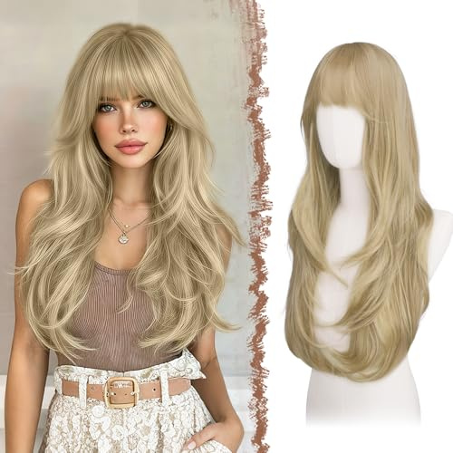 FESHFEN Lange Perücken mit Pony, 65 cm Geschichtete Perücke für Damen Frauen Natürliche Synthetik Haare Dreckige Blonde Layered Wigs with Bangs für Tägliche Karneval Party Cosplay