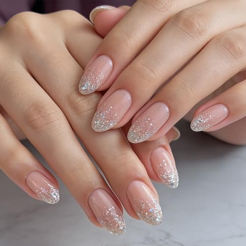 24 Stück Press on Nails Kurz Oval - Nude Glitzer Fingernägel zum aufkleben, Natural Fake Nagel, Full Cover Fingernagel mit Nagelkleber - Glänzend DIY künstliche nägel zum aufkleben Für Frauen