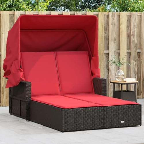 Yisssmeng Double Sun Lounger Brown PE Rattan Outdoor Chaise Lounge 79 x 43 x 59 in with Adjustable Backrest Removable Canopy for Patio Poolside Garden Backyard