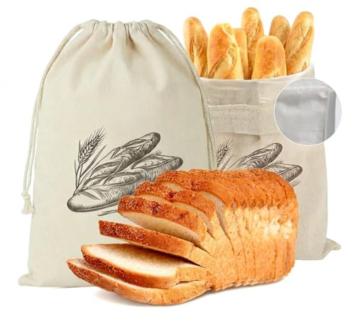 2 Pack Bread Bags for Homemade Bread, Linen Bread Bag with TPU Lining, Eco Reusable Bread Bags to Keep Fresh for Sourdough, Vegetables, Fruits, 40cm x 30cm