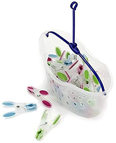 MSV Wäscheklammern Korb 24 Stck. mit Soft Grip perfekt zum Einhängen an den Wäscheständer oder die Wäscheleine, Vert/Fuchsia/Bleu