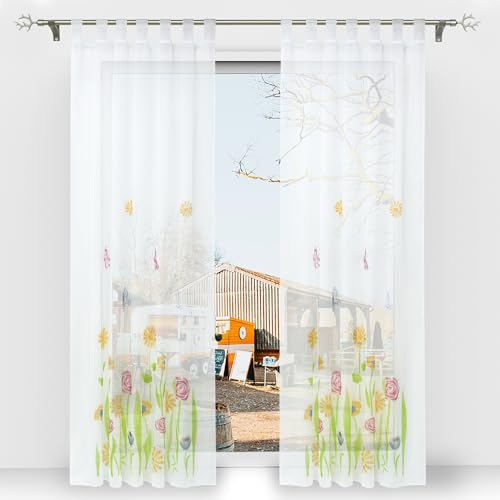 Thinkbay Floral Gardinen mit Schmetterling 1er-Pack Schlaufen Vorhang H*B 175 * 150cm Grün
