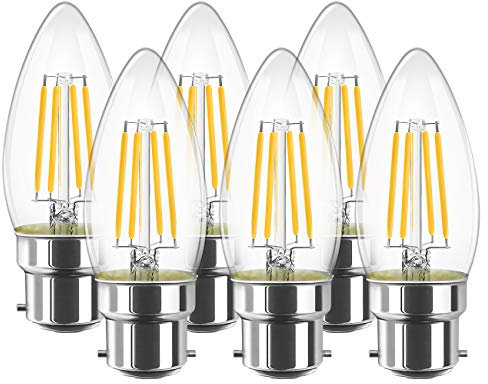 LVWIT 4W B22 Filament LED Edison Lampe C35, 2700K Warmweiß, Ersatz für 40W Glühlampe, ultrahell 470 lm, Rustikalampe in Kerzenform, Filamentstil klar (6er Pack)