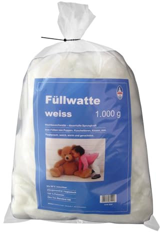 KERSA Füllwatte hochflauschig, 1 Kg, waschbar 95 Grad, Allergieneutral, hohes Volumen, Weiss