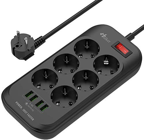 Presa multipla Hulker, Presa Multipla 6 Prese 4 Connessioni USB Spina adattatore con protezione contro le sovratensioni Cavo 2M presa UE