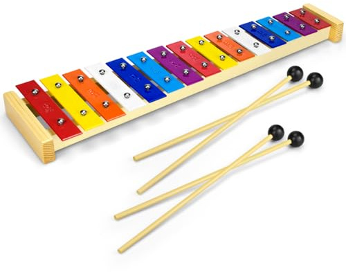 CeleMoon 15 Tone Natural Wooden Xylophone with Multi-Colored Metal Bars, Music Instrument for Preschool Educational Learning