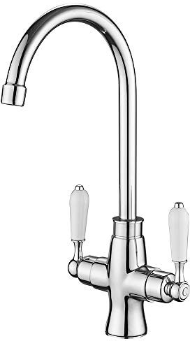 Heable Kitchen Sink Mixer Tap Elegant White Ceramic Dual Lever Monobloc Swivel Spout Chrome Kitchen Taps with UK Standard Fittings