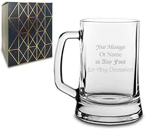Personalised Engraved Glass Beer Stein, Personalise with Any Message for Any Occasion, Stylize with a Variety of Fonts, Laser Engraved, Gift Box Included