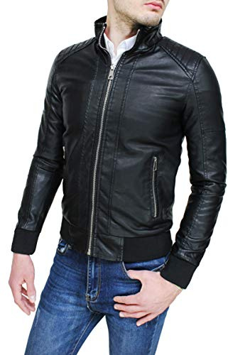 Evoga Giubbotto giacca uomo casual nero slim fit in ecopelle giubbino bomber moto chiodo
