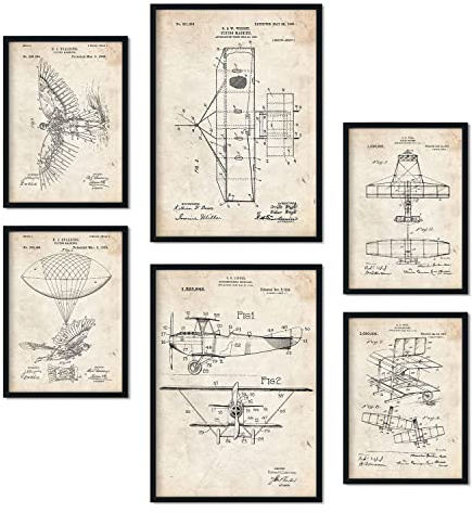 Nacnic Set von 6 Plakaten mit Flugzeug Patenten. Plakate mit Retro-Patentabbildungen. Inneneinrichtung im Vintage-Stil. Grösse A4 und A3. Ohne Rahmen.