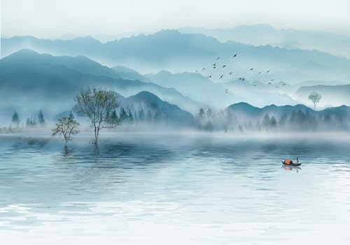 Fototapete 3D Effekt Vlies Tapete Wallpaper Wanddeko Wandbilder Blaue Zen Art Ink Landschaft Naturlandschaft Dekoration Hintergrundwand 250x175cm