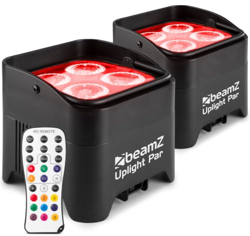 BeamZ BBP94W Uplight LED Par Strahler, 2er Set - 4x 12 Watt, bis zu 9h Akku, Bühnenbeleuchtung für DJ Pult, Bühnenlicht, DMX-WLAN, Partylicht Musikgesteuert, Bühnenequipment, Fernbedienung