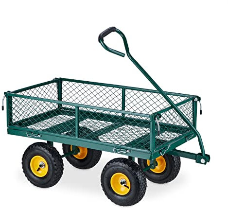 Relaxdays Carrello a Mano, Pratico Carretto per Giardino, Trasporto Carichi, Sponde Pieghevoli, Max. 200kg, Verde Giallo, Acciaio, 19 x 46,5 x 86 cm
