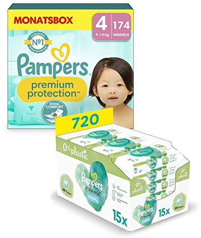 Pampers Premium Protection Set mit Windeln Größe 4 (9-14kg, 174 Stück), Maxi und Aqua Baby Feuchttücher, 720 Tücher (15 x 48), Baby Erstausstattung