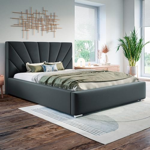 MOTIVENA Sisi Polsterbett 200x200 mit Bettkasten, Bett 200x200 mit Lattenrost, Bett 200x200 mit Stauraum, Stauraumbett 200x200, mit Kopfteil, ohne Matratze, Samt, Grau (Anthrazit)