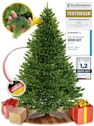 ArtiTree Weihnachtsbaum künstlich [100% Spritzguss] - Naturgetreuer Tannenbaum mit Stabiler Spitze | Nordfichte inkl. FSC zertifiziertem Holzständer & reißfester Tasche (ohne Beleuchtung, 210 cm)