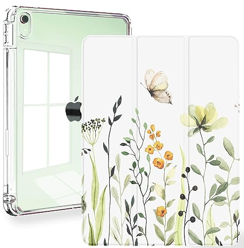 Feams Schutzhülle für iPad Air, 5. / 4. Generation, 27,7 cm (10,9 Zoll), transparente Rückseite mit automatischer Sleep/Wake-Funktion und Stifthalter, Blumen- und Schmetterling-Design