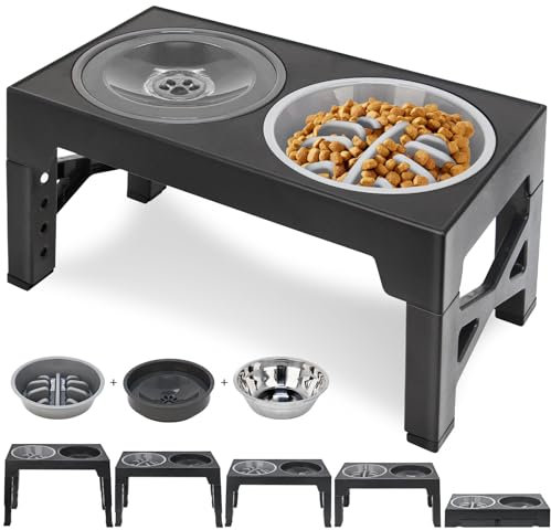 Polegas 3-in-1 Upgraded Raised Dog Bowl with Stand Elevated Dog Bowl with Slow Feeder,Non-Spill Slow Water and Stainless Steel Bowls 5 Height Adjustable dog food stand for Small Medium Large Sized Dog