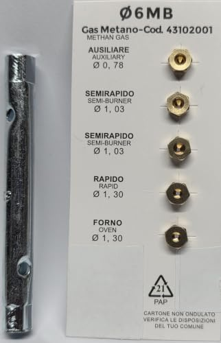 Set mit 5 Düsen 6 MB Methangas, universell für Küchen und Öfen, Maße klein 0,78 – 2 x mittel 1,03 – groß 1,30 – Backofen 1,30 cm, 1 SCHLÜSSEL 6 x 7