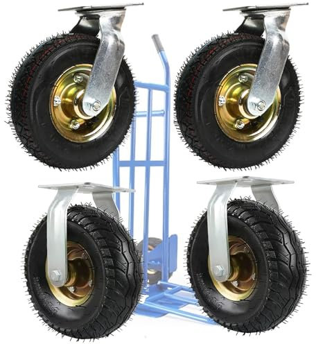 WORDFUN Rollen Für Möbel Transportrollen, Leise Gummirollen, Reifen Ersatz Für Schubkarre, Industrierollen Schwerlast, 2X Lenkrolle + 2X Bockrolle, Mit Schrauben(M10x50mm), Luftreifen Kugellager