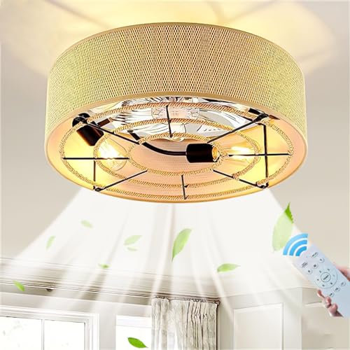 KZT Leise Deckenventilator mit Beleuchtung und Fernbedienung E27 Hanfseil Deckenleuchte mit Ventilator Industrial Schlafzimmer Lampe Vintage Ventilator Deckenlampe für Wohnzimmer Esszimmer Küche