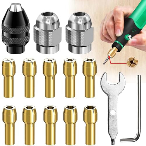 Soundzero 15 Pezzi Ottone Mandrino, Set Di Pinze Mandrino Trapano con Chiave Inglese, Mandrino Da 1/32 a 1/8, Mandrini Cambio Rapido In Ottone, Per Trapano Elettrico, Trapano Adattatore(0.5-3.2mm)