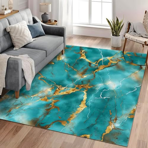 Teppich Schlafzimmer 140 x 200cm Türkis-Marmor Goldstruktur Muster- Wohnzimmer Läufer Flauschig Weich Pflegeleicht Teppiche Gegend für Küche Paar Jugendzimmer Kinderzimmer Feuchtigkeitsbarriere