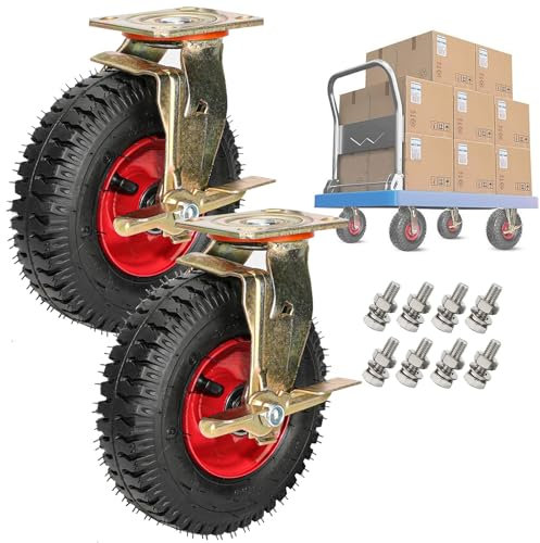Rueda giratoria de Goma Altamente elástica, Rueda Industrial Resistente de 8/10, 2 Piezas Estilo vacío de Rueda neumática, Fija/giratoria/Freno, para Carro de Herramientas/carros