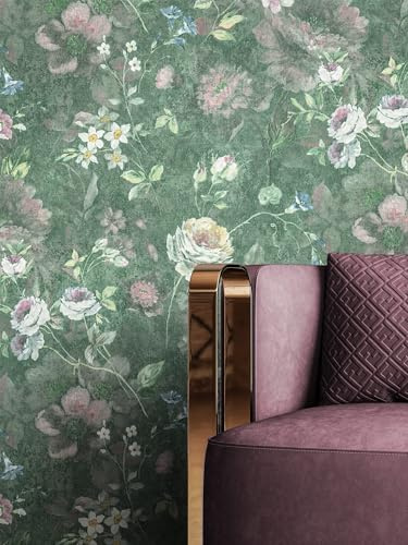 Newroom Vliestapete Grün Blumen Tapete Schlafzimmer Landhaus | Vintage-Rosenmuster mit Blüten, feine Leinenstruktur, Salbeigrün, Mustertapete, Wandtapete Wohnzimmer, Landhausstil Boho