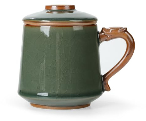 fanquare Keramische Teetasse mit Infusor und Deckel, grün glasierte chinesische Teetassen, große Teetasse für Zuhause und Reisen 450ml