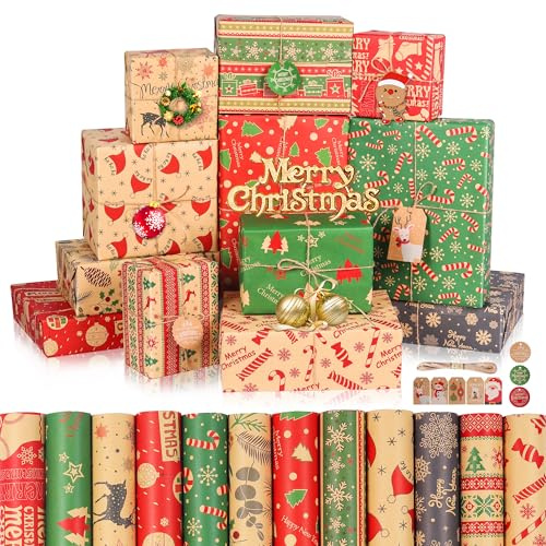 TIYCNIY Christmas Wrapping Paper, 12 Sheets Recyclable Kraft Paper 50x70CM in Folded Sheets with 12 Unique Xmas Theme Pattern Designs (Bonus String and Gift Tags)