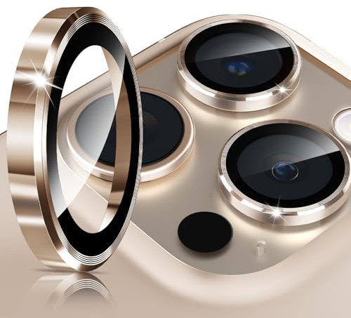 imluckies Protector de Lente de Cámara para iPhone 16 Pro - iPhone 16 Pro Max, AR+AF Cristal Templado, Metal Ultrarresistente 9H Anti-Rayaduras, Accesorios de Cámara HD, Apto para Fundas - Oro