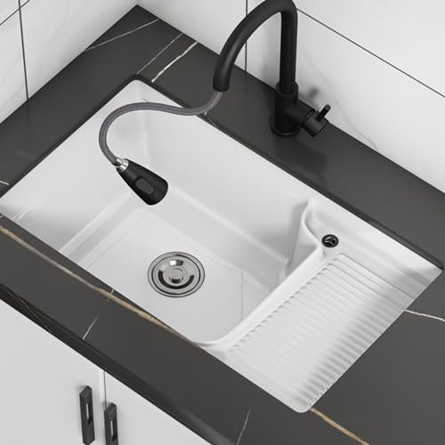 Lavello da incasso rettangolare bianco，Con lavatoio vasca da bagno o lavelli da cucina，Lavatoio ceramica rectangulaire blanc，Dotato di rubinetto estraibile e asse da lavare, adatto per cucina, piano d