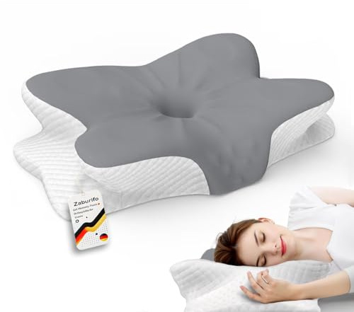 Zaburifo 50D Orthopädisches Nackenkissen mit Memory-Schaum | EU-Designpatent & Zertifizierungen | 2 Anti-Pilling-Bezüge | Vorbeugt & Lindert Kissen für Nackenschmerzen | Für Alle Schlafpos.(Grau/Weiß)