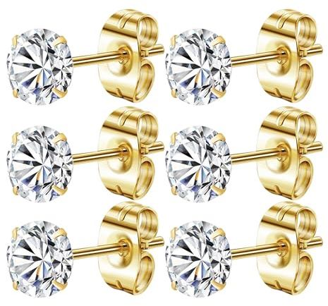 Mochity 3-6 paires Boucle d'Oreille Acier Inoxydable pour Femme Homme, Hypoallergénique Boucles d'Oreilles Plaquées Or 14K, Boucles d'Oreilles Argent En Zirconium(3 Paires 6mm, Or)