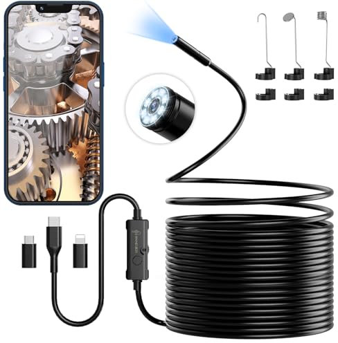 ENNOVOR Endoscopio per Smartphone, 1920P HD Telecamera Endoscopia, IP67 Sonda Impermeabile, Endoscopio con 8 LED, Telecamera Ispezione Tubi con Cavo Semirigido da 10 m, Android iOS - Camera senza WiFi