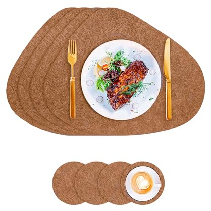 Tischsets Kunstleder und Untersetzer, Tischsets Abwaschbar Doppelseitigen rutschfest Rund Platzdeckchen, Lederoptik Platzsets Teller Untersetzer, Isolierung schützt den Tisch (Braun)
