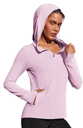 PINSPARK Women's UPF 50+ Sun Protection Jacket Hooded Full Zip Up Lightweight Sports Jackets with Thumb Holes Long Sleeve Gym Tops with Pockets Pink M