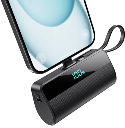 Mini Bateria Externa para iPhone, 5500mAh Cargador Portátil con Cable USB C Integrado 20W PD Carga Rapida Power Bank Compacto Powerbank con Pantalla LCD Compatible con iPhone17/16/15/14/13/12/11/X/8/7