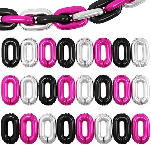 Schwarz-rosa-silberne Kettenballons, 24 Stück, riesige Ketten-Folienballons, Girlande für 80er-90er-Jahre, Hip-Hop-Party-Dekorationen, 40,6 cm Kettenglieder-Ballons für Retro-Themen, Geburtstage