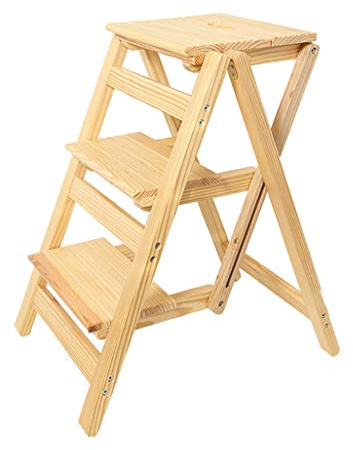 GAOXIONG ErWaad Klappbarer Tritthocker/Leiterstuhl mit 3 Stufen, Holz-Treppenstuhl für den Haushalt, sichere, rutschfeste Trittleiter, hoher Hocker, Werkzeug für Haus und Garten, Höhe 66 cm, strapazi