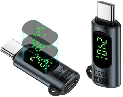 Lot de 2 adaptateurs USB C 80 Gbps, 240 W, type C mâle vers femelle, convertisseur Thunderbolt 4/3, extension 48 V/5 A, 8 K @ 60 Hz, chargeur de transfert de données OTG avec écran numérique LED, gris
