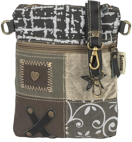 Sunsa Kleine Vintage Damen Crossbody Bag in Patchwork Design. khakigrün | Canvas Umhängetasche aus Leinwand & Leder. Schultertasche mit 3 Reißverschlussfächern & verstellbarem Crossover-Schultergurt